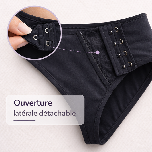 Infographie de la culotte de bain menstruelle Libelie avec ouverture latérale détachable